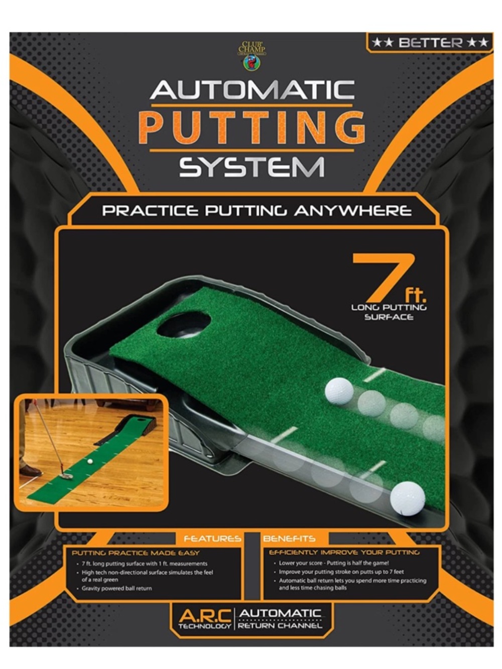 Club Champ Automatic Putting System 7 ft Putting Mat, Gravity Powered, Indoor